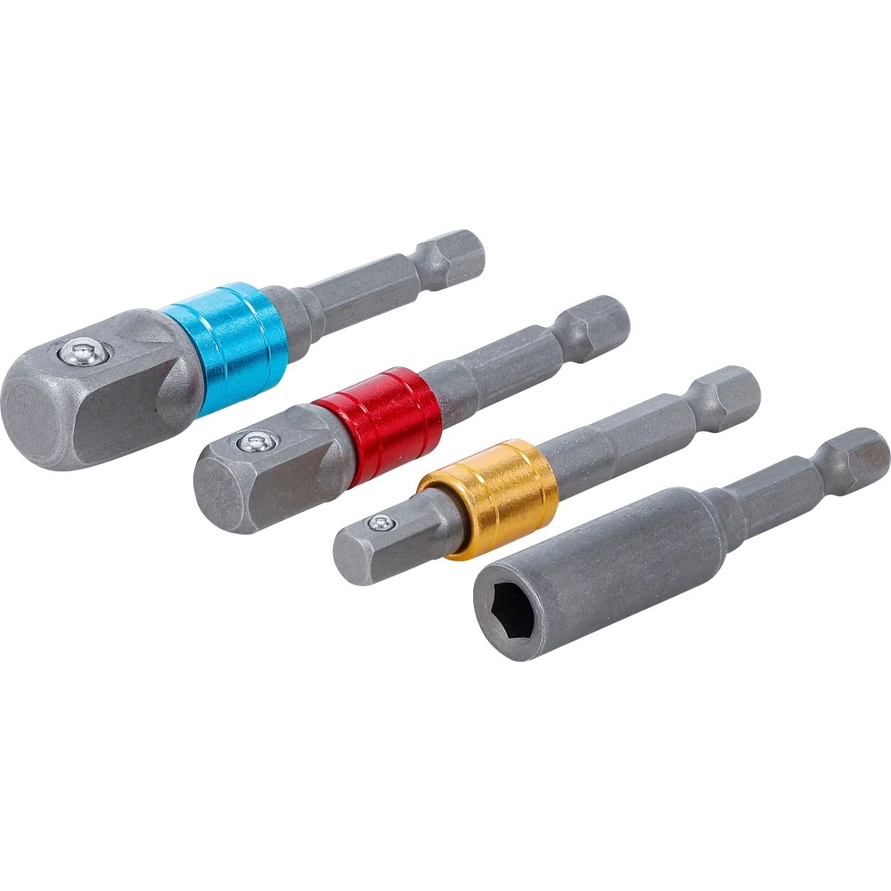 Adapter-Satz für Bohrmaschinen, farbig, Antrieb Außensechskant 6,3 mm (1/4"), Abtrieb Außenvierkant 6,3 mm (1/4"), 10 mm (3/8"), 12,5 mm (1/2"), Innensechskant 6,3 mm (1/4"), 4-tlg.