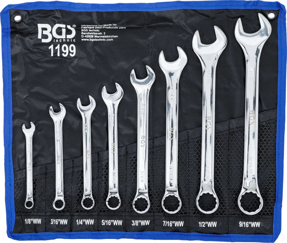 Maul-Ringschlüssel-Satz, Zollgrößen, SW 1/8" - 9/16" Withworth, 8-tlg.