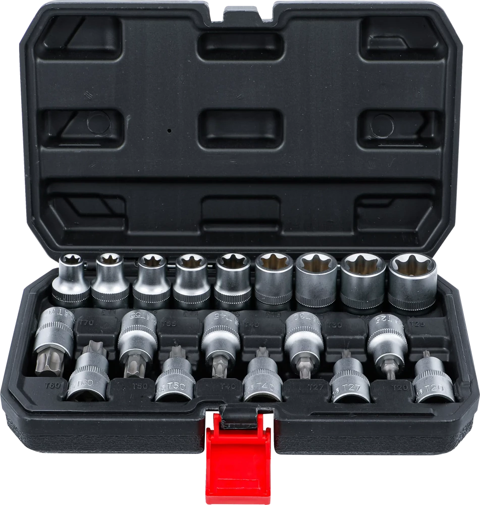 Bit-Einsatz-/Steckschlüssel-Satz, Antrieb Innensechskant 12,5 mm (1/2"), T-Profil (für Torx) / E-Profil, 19-tlg.