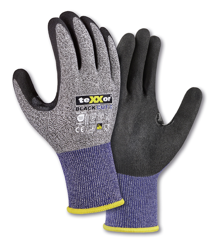 teXXor® Schnittschutz-Strickhandschuhe BLACK CUT® C grau-meliert/blau/schwarz