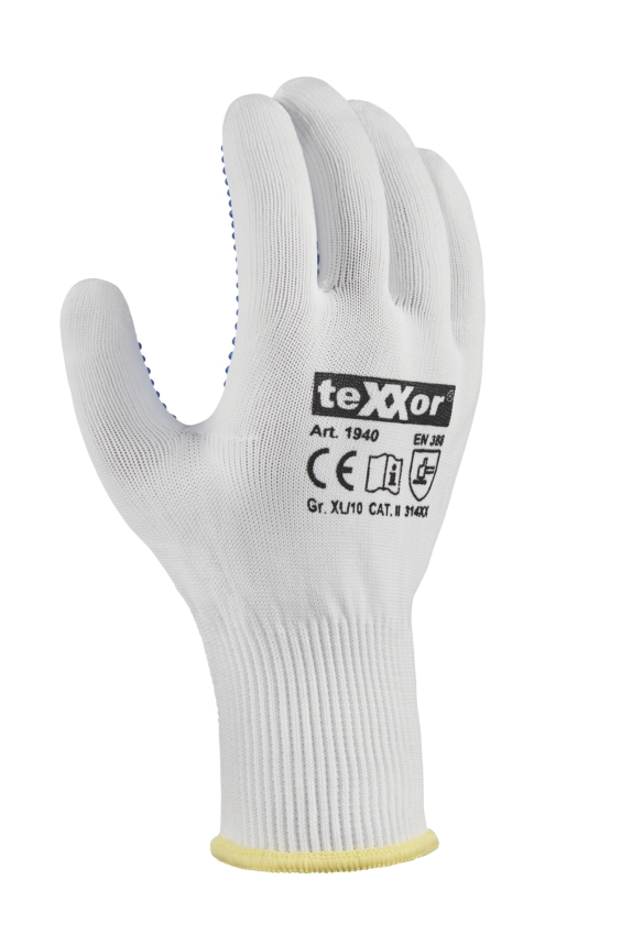 teXXor® Feinstrick-Handschuhe NYLON weiß/blaue Noppen