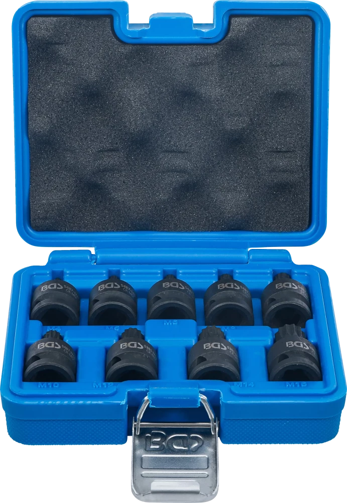 Kraft-Bit-Einsatz-Satz, Antrieb Innenvierkant 12,5 mm (1/2"), Innenvielzahn (für XZN) M4 - M16, 9-tlg.