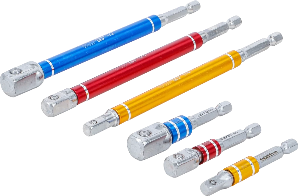 Adapter-Satz für Bohrmaschinen, farbig, Antrieb Außensechskant 6,3 mm (1/4"), Abtrieb Außenvierkant 6,3 mm (1/4"), 10 mm (3/8"), 12,5 mm (1/2"), 75 - 150 mm, 6-tlg.