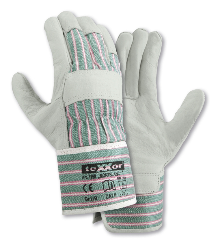 teXXor® Rindvollleder-Handschuhe MONTBLANC I Leder natur, Drell grün/rot-gestreift