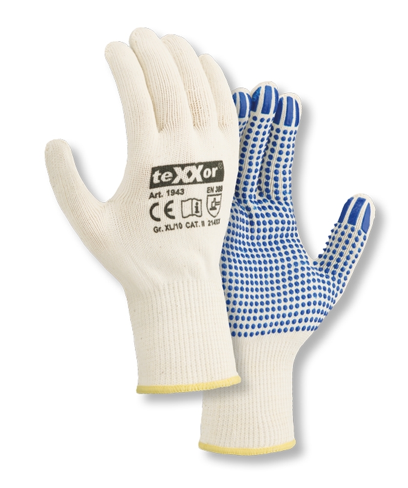teXXor® Mittelstrick-Handschuhe BAUMWOLLE/NYLON weiß/blaue Noppen