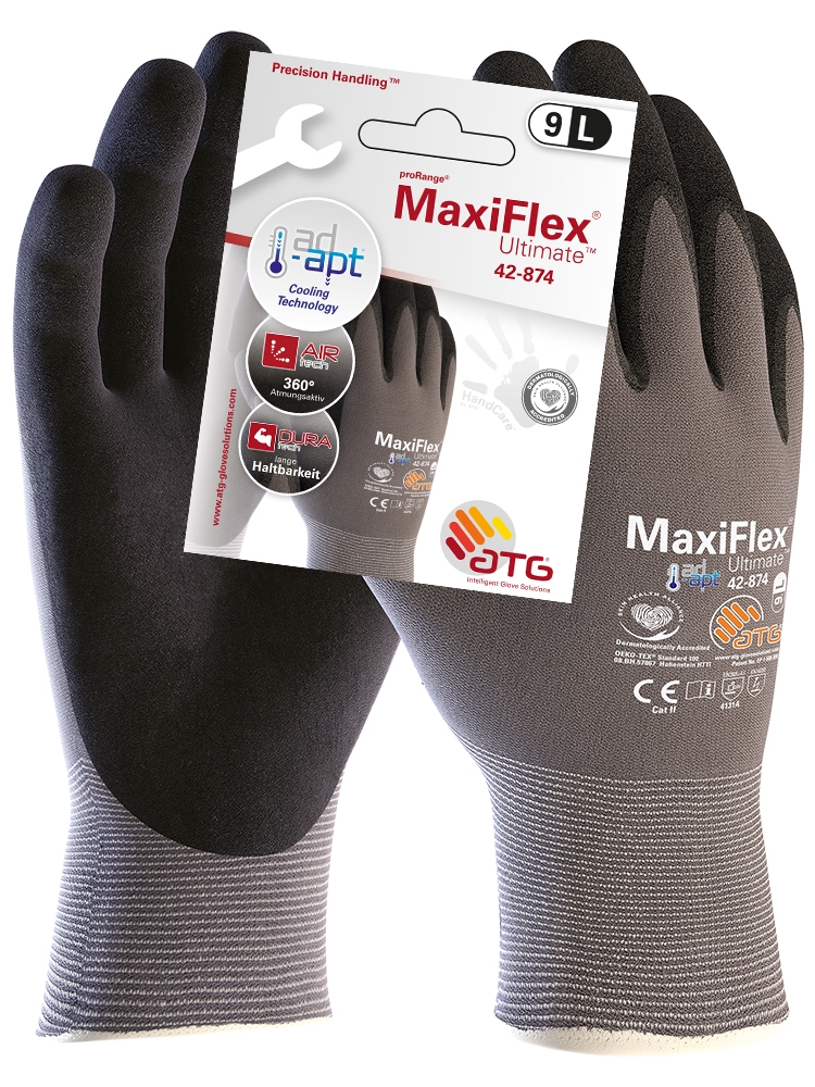 MaxiFlex® Ultimate™ AD-APT® Nylon-Strickhandschuhe (42-874 HCT), SB-Verpackung grau/schwarz