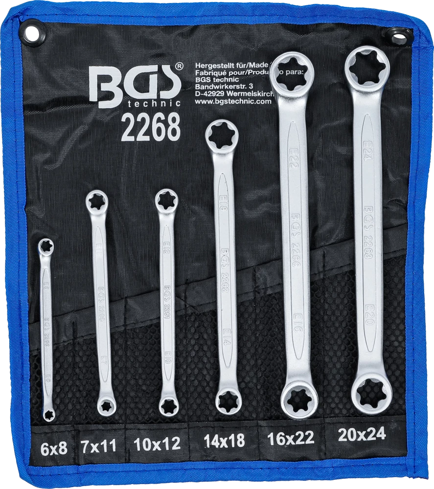 Doppel-Ringschlüssel-Satz mit E-Profil-Ringköpfen, SW E6 x E8 - E20 x E24, 6-tlg.