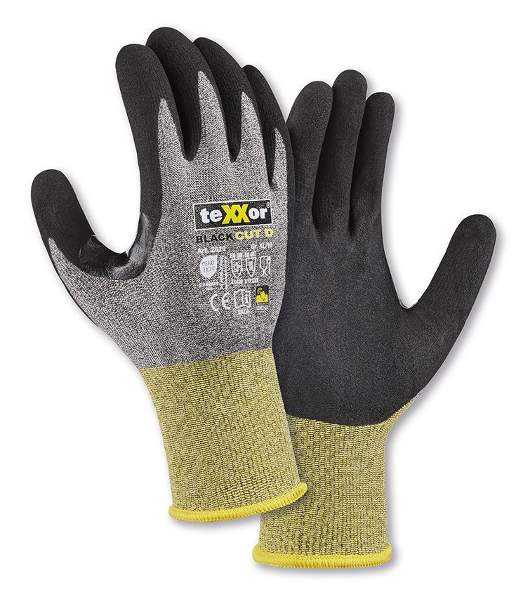teXXor® Schnittschutz-Strickhandschuhe BLACK CUT® D grau-meliert/gelb/schwarz