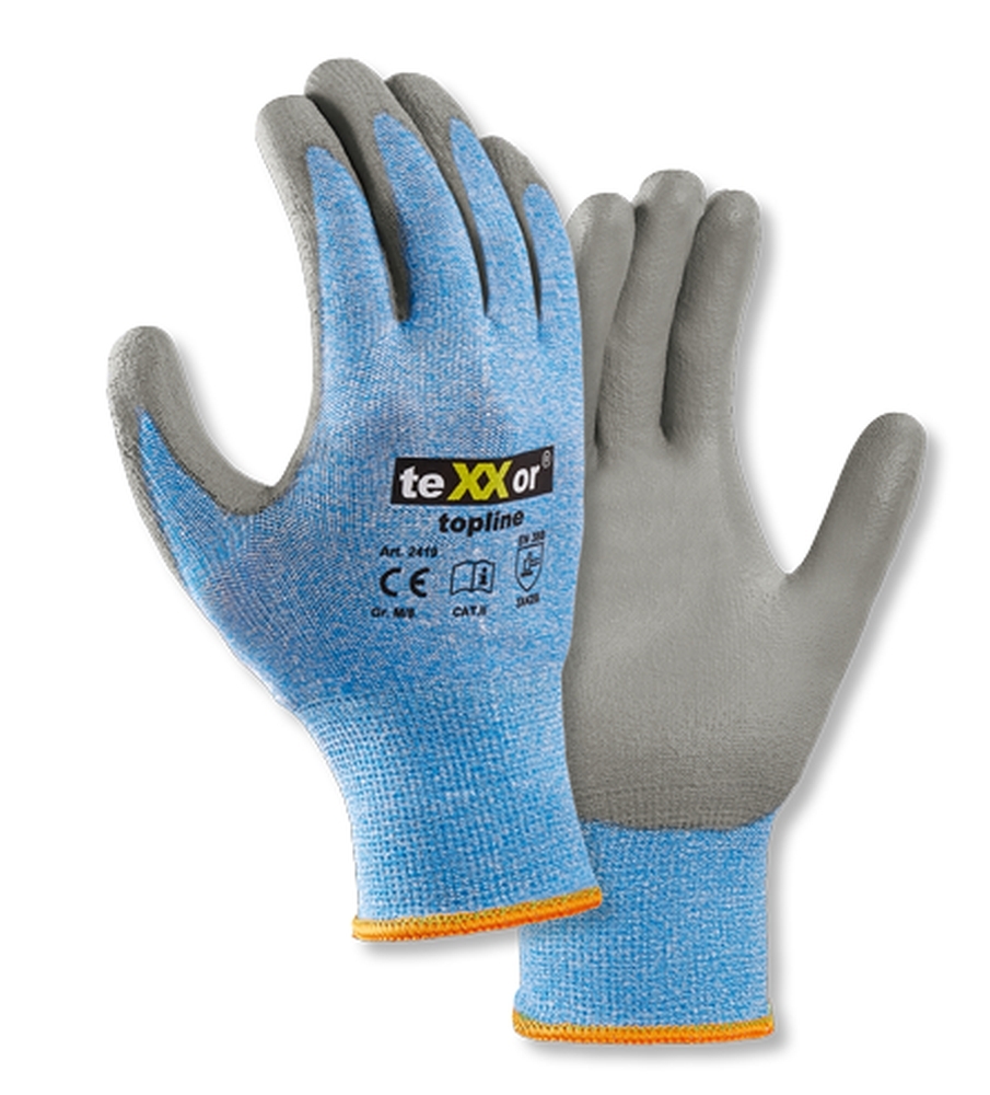 teXXor® Schnittschutz-Strickhandschuhe PU-BESCHICHTUNG grau/hellblau meliert