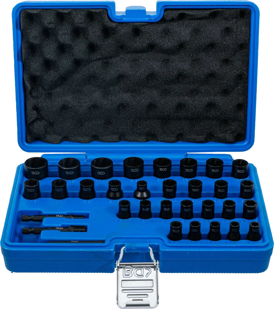 Spiral-Profil-Steckschlüssel-Satz / Schraubenausdreher, Antrieb Innenvierkant 6,3 mm (1/4") / 10 mm (3/8"), Metrisch und Zollgrößen, 32-tlg.