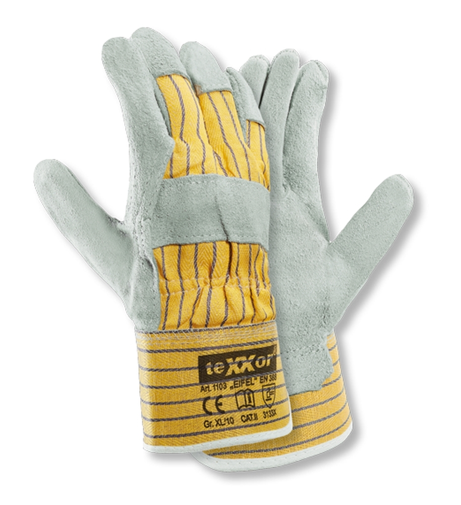 teXXor® Rindkernspaltleder-Handschuhe EIFEL Leder natur, Drell gelb/blau