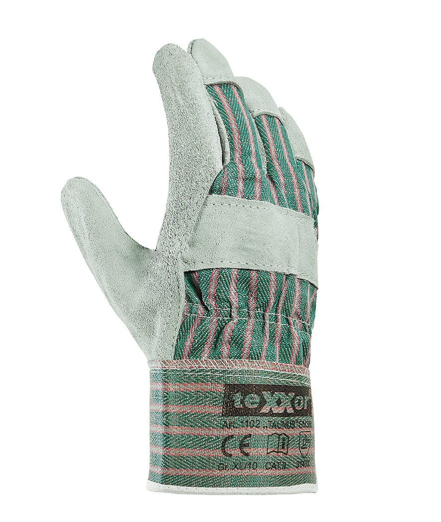 teXXor® Rindkernspaltleder-Handschuhe TAUNUS Leder natur, Drell grün/rot