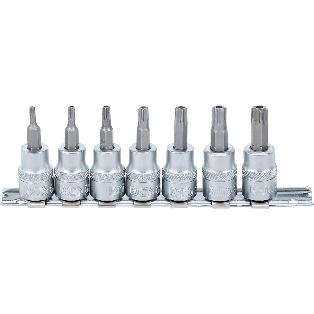 Bit-Einsatz-Satz, Antrieb Innenvierkant 10 mm (3/8"), T-Profil (für Torx) mit Bohrung T15 - T50, 7-tlg.