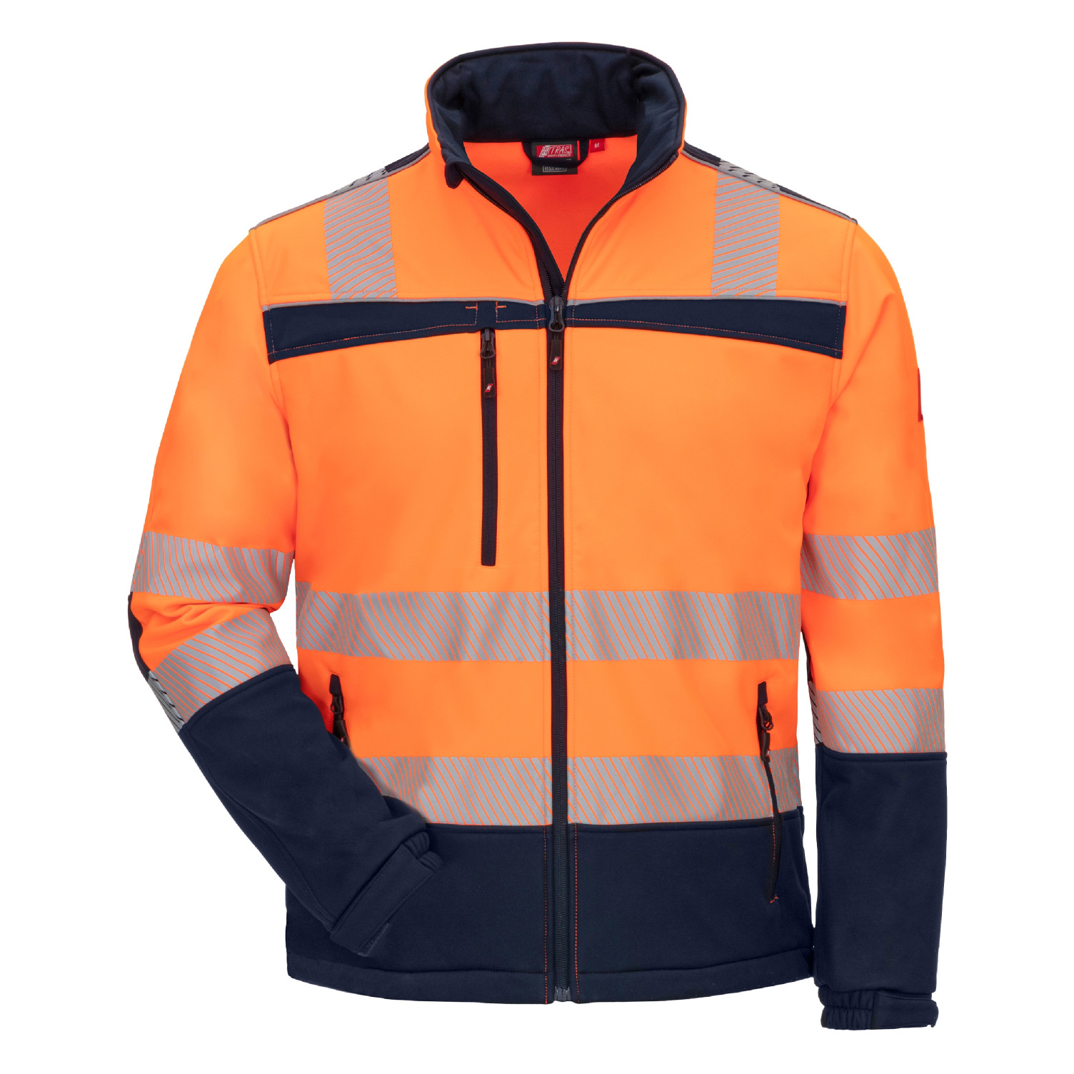 Kapuze MOTION TEX VIZ Warn-Softshelljacke neonorange / marineblau