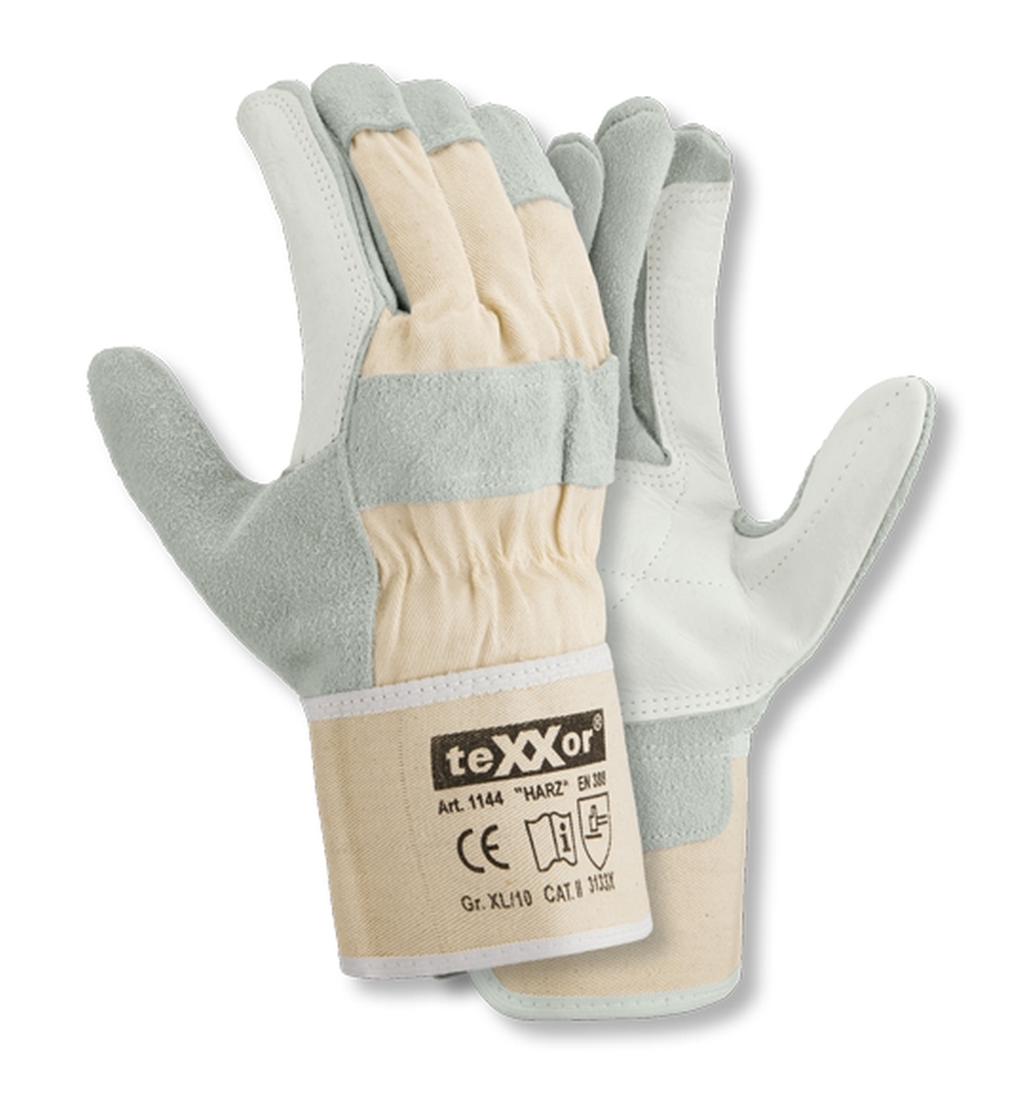 teXXor® Rindspaltleder-Handschuhe HARZ Leder gelb, Drell weiß