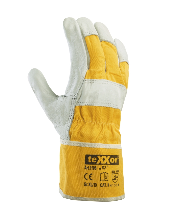 teXXor® TOP Rindvollleder-Handschuhe K2 Leder natur/Drell gelb