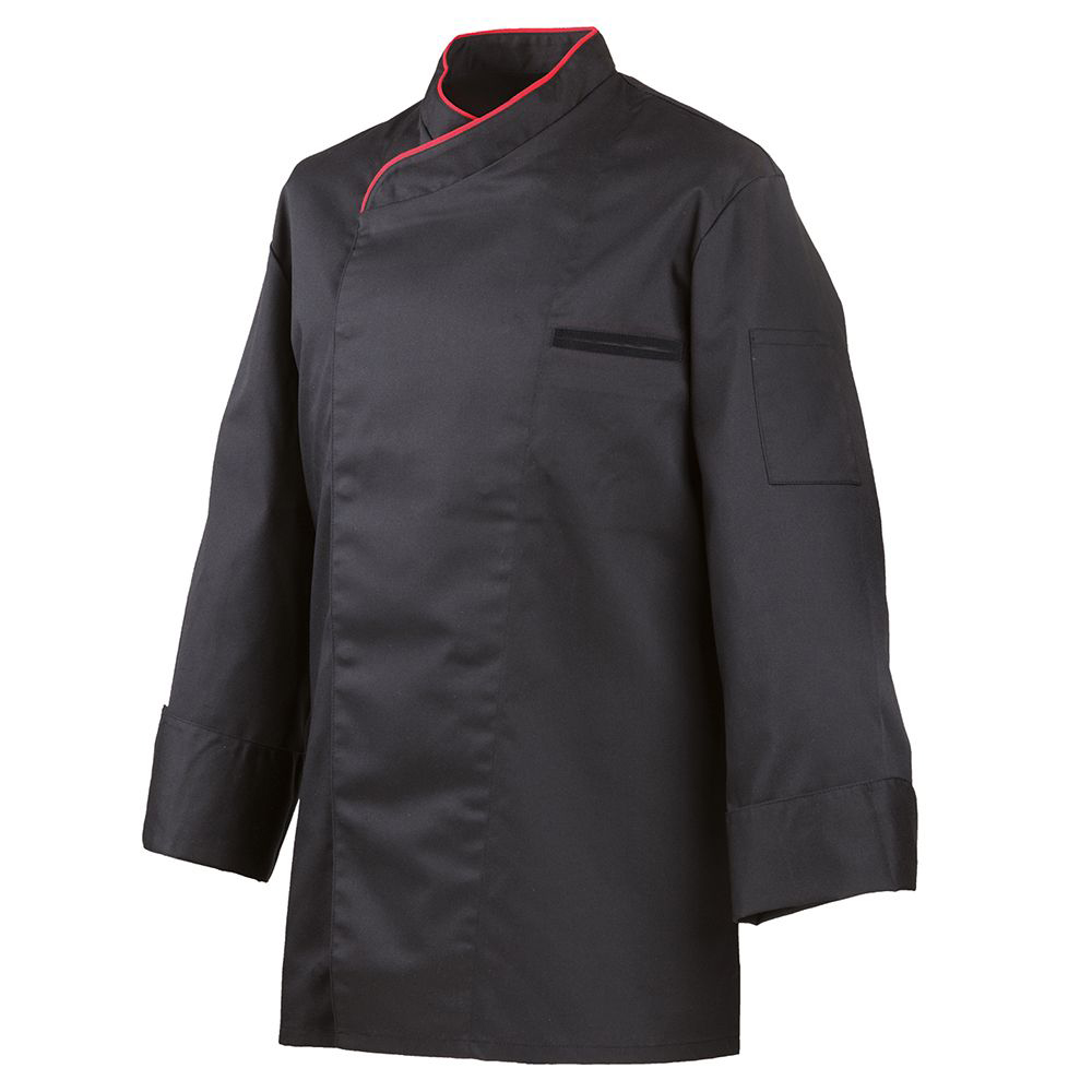 Kochjacke langarm, mit Druckknöpfen, schwarz, Paspel