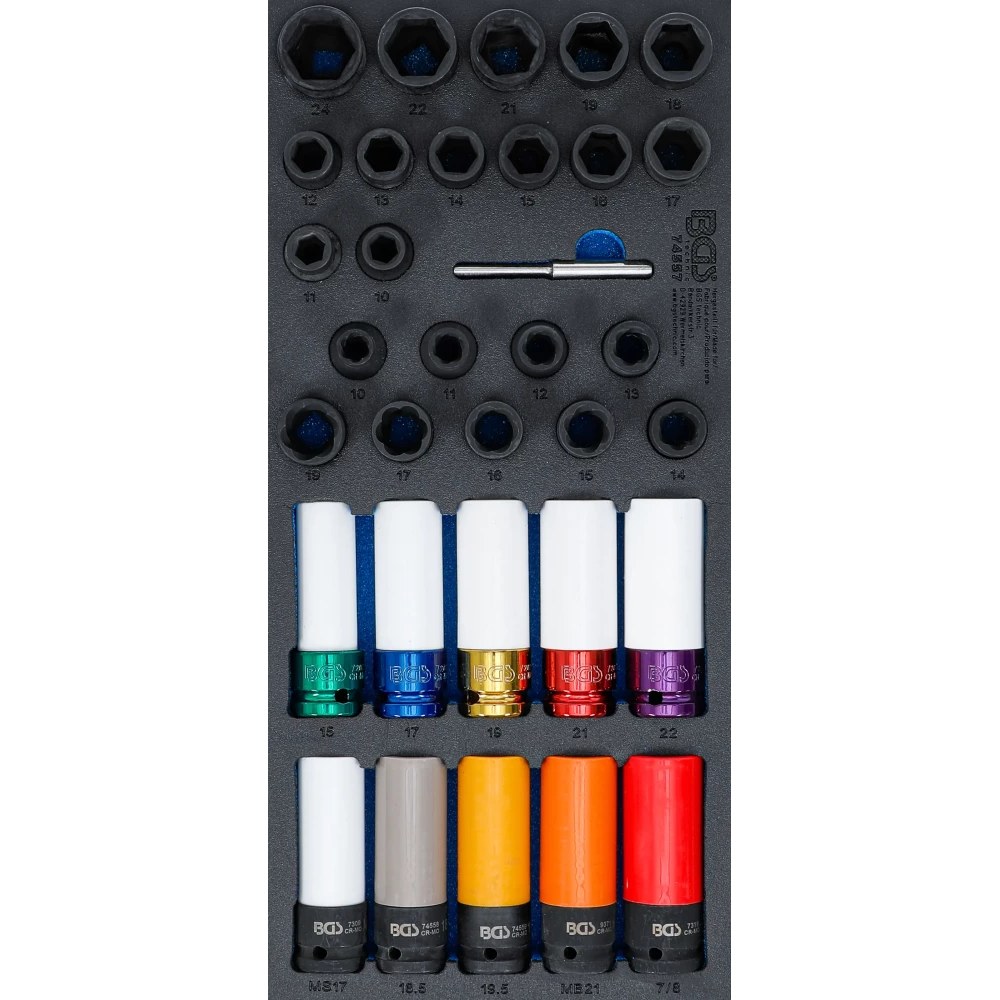 Werkstattwageneinlage 1/3: Kraft-Steckschlüssel- / Spezial-Radschrauben- und Spiral-Profil Schraubenausdreher-Satz, 12,5 mm (1/2"), 33-tlg.
