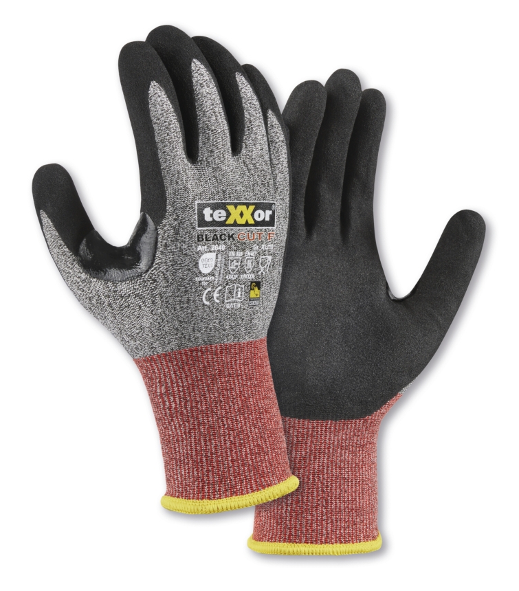 teXXor® Schnittschutz-Strickhandschuhe BLACK CUT® F grau-meliert/rot/schwarz