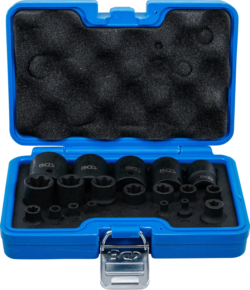 Kraft-Steckschlüssel-Einsatz-Satz, E-Profil Plus, Antrieb Innenvierkant 6,3 mm (1/4"), 10 mm (3/8"), 12,5 mm (1/2"), SW EP4 - E32, 19-tlg.