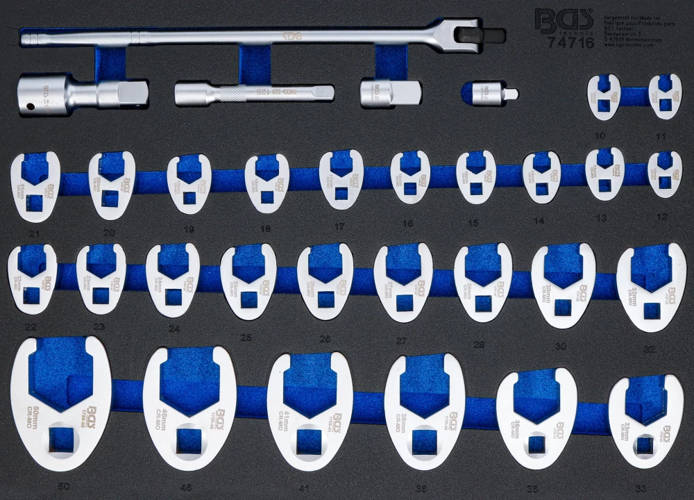Werkstattwageneinlage 3/3: Hahnenfußschlüssel-Satz, Antrieb Innenvierkant 10 mm (3/8"), 12,5 mm (1/2"), 20 mm (3/4"), SW 10 - 50 mm, 32-tlg.
