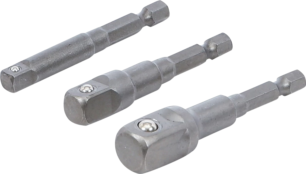 Adapter-Satz für Bohrmaschinen, Außensechskant Antrieb 6,3 mm (1/4"), Abtrieb Außenvierkant 6,3 mm (1/4"), 10 mm (3/8"), 12,5 mm (1/2"), 3-tlg.