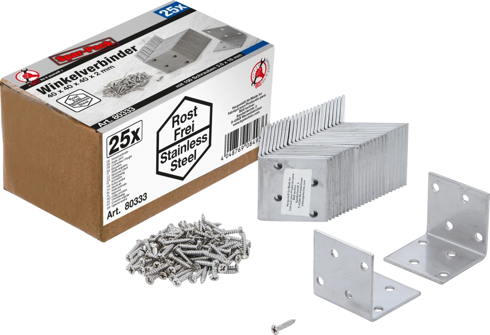 Winkelverbinder, rostfrei, 40 x 40 x 40 mm, Spar-Pack, 25 Stück