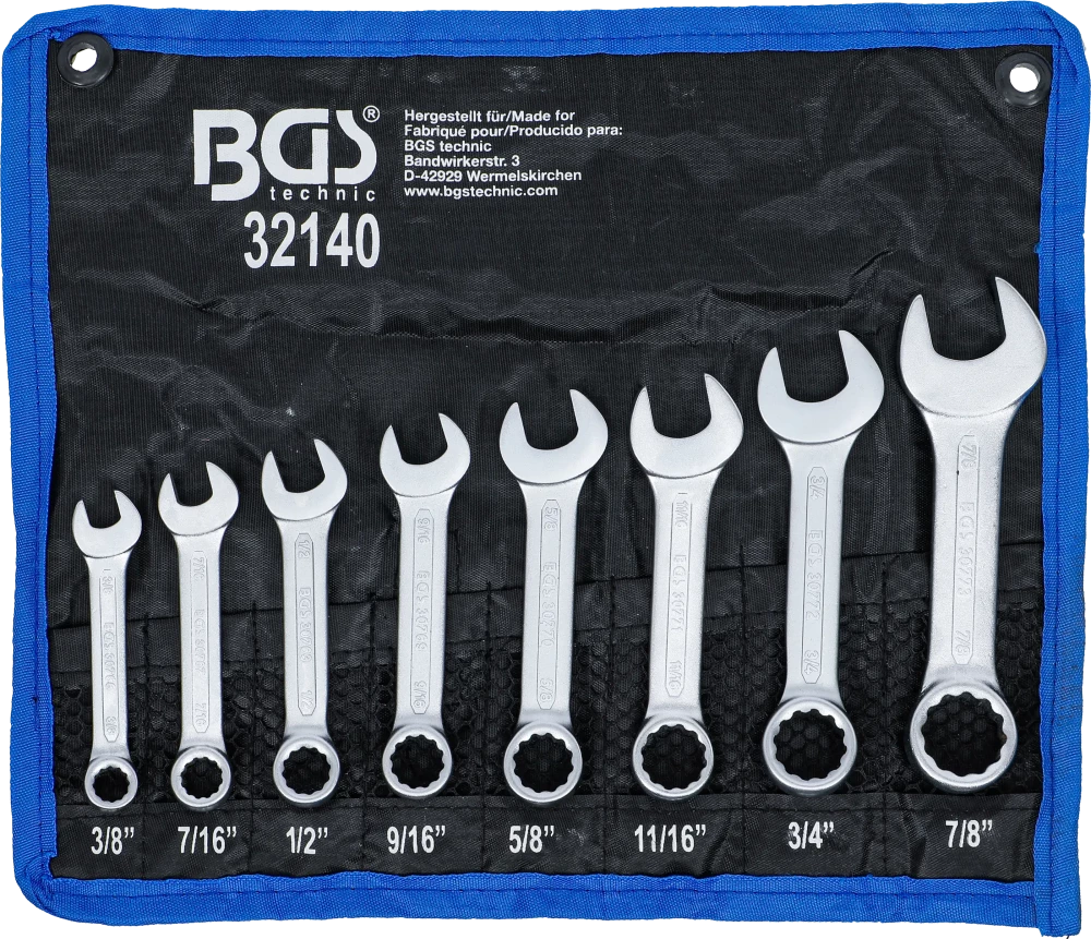 Maul-Ringschlüssel-Satz, extra kurz, Zollgrößen, SW 3/8" - 7/8", 8-tlg.