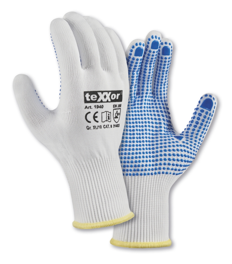 teXXor® Feinstrick-Handschuhe NYLON weiß/blaue Noppen
