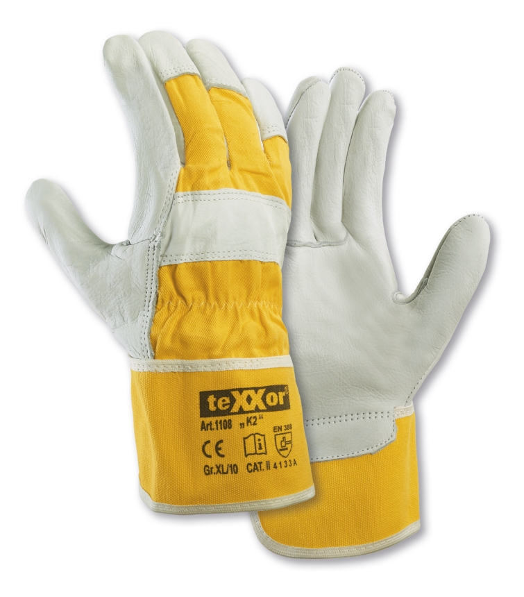teXXor® TOP Rindvollleder-Handschuhe K2 Leder natur/Drell gelb