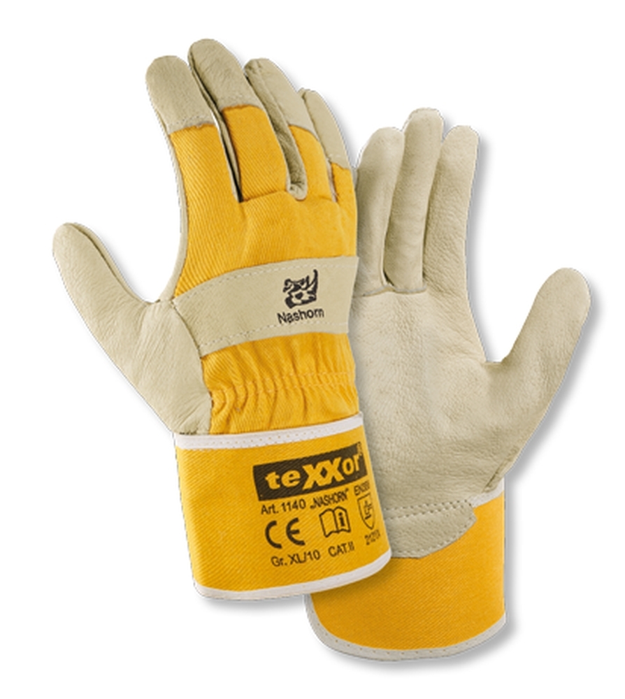 teXXor® Schweinsvollleder-Handschuhe NASHORN Leder natur, Drell gelb