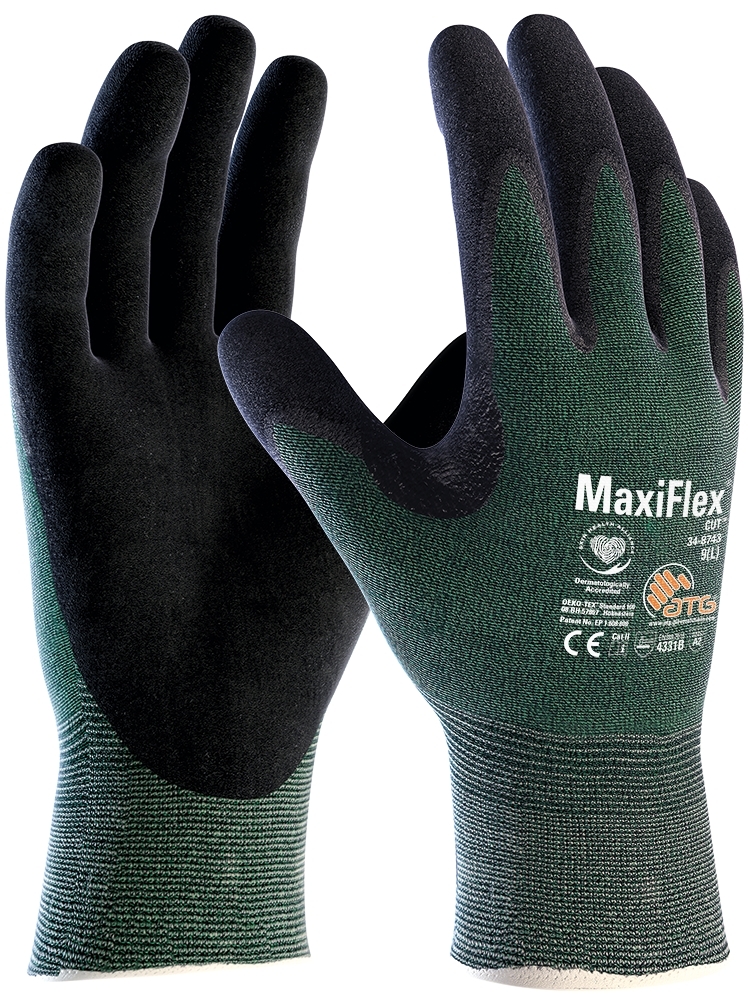 MaxiFlex® Cut™ Schnittschutz-Strickhandschuhe (34-8743V), Automatenverpackung grün/schwarz