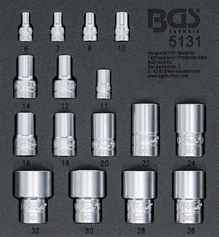 Werkstattwageneinlage 1/6: Steckschlüssel-Einsatz-Satz T-Profil Plus (für Torx Plus), Antrieb Innenvierkant 6,3 mm (1/4"), 10 mm (3/8"), 12,5 mm (1/2"), SW 6EPR - 32EPR, 16-tlg.