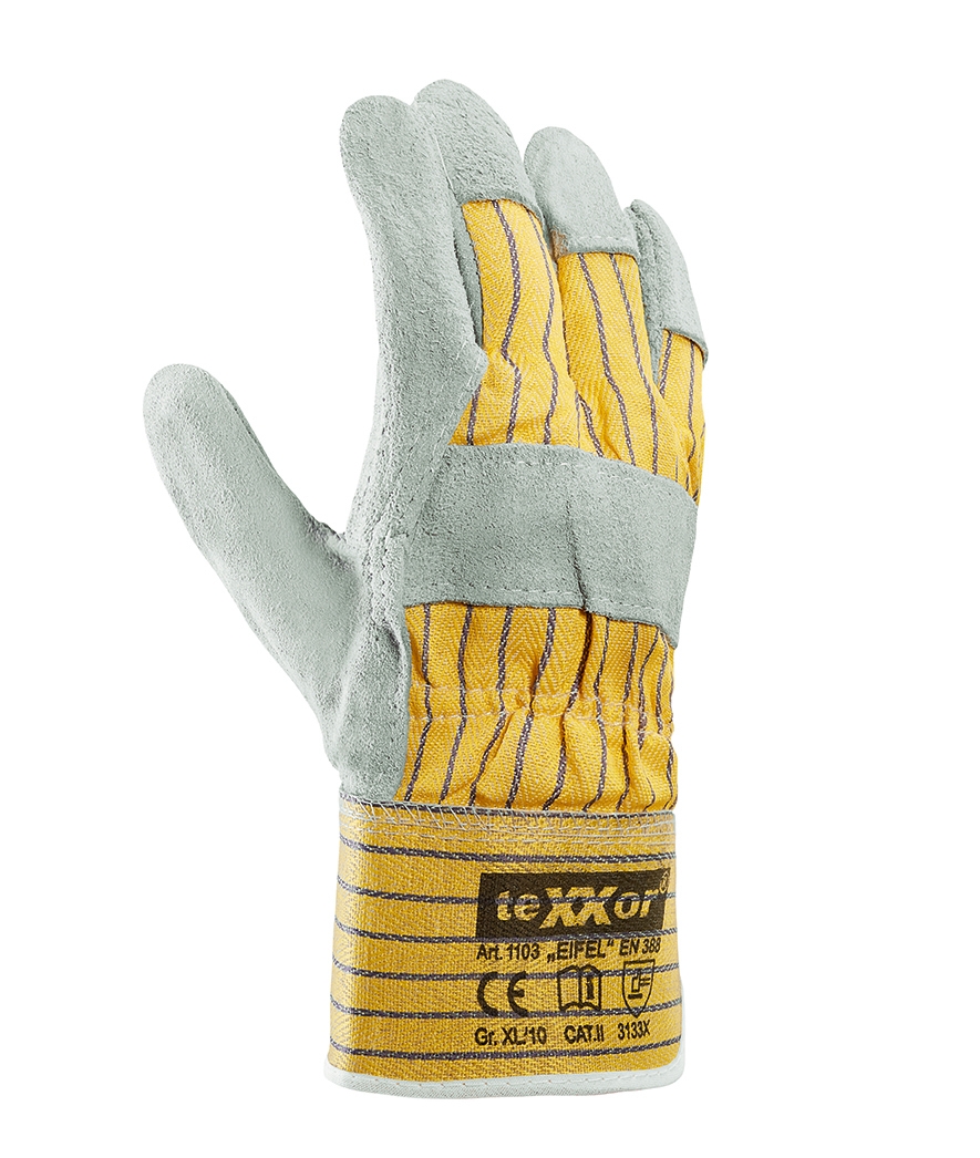 teXXor® Rindkernspaltleder-Handschuhe EIFEL Leder natur, Drell gelb/blau