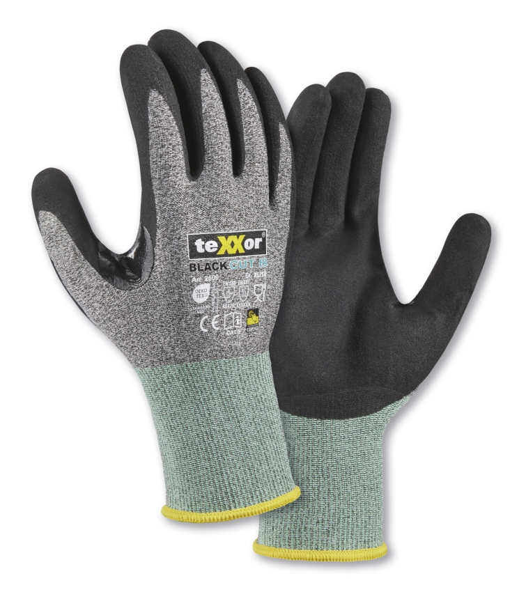 teXXor® Schnittschutz-Strickhandschuhe BLACK CUT® B grau-meliert/grün/schwarz