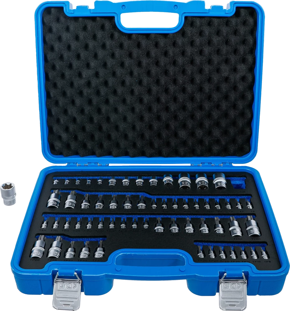 Bit-Einsatz- und Steckschlüssel-Einsatz-Satz, E-Profil / T-Profil (für Torx) / T-Profil (für Torx) mit Bohrung / TP-Profil (für Torx Plus), 60-tlg.