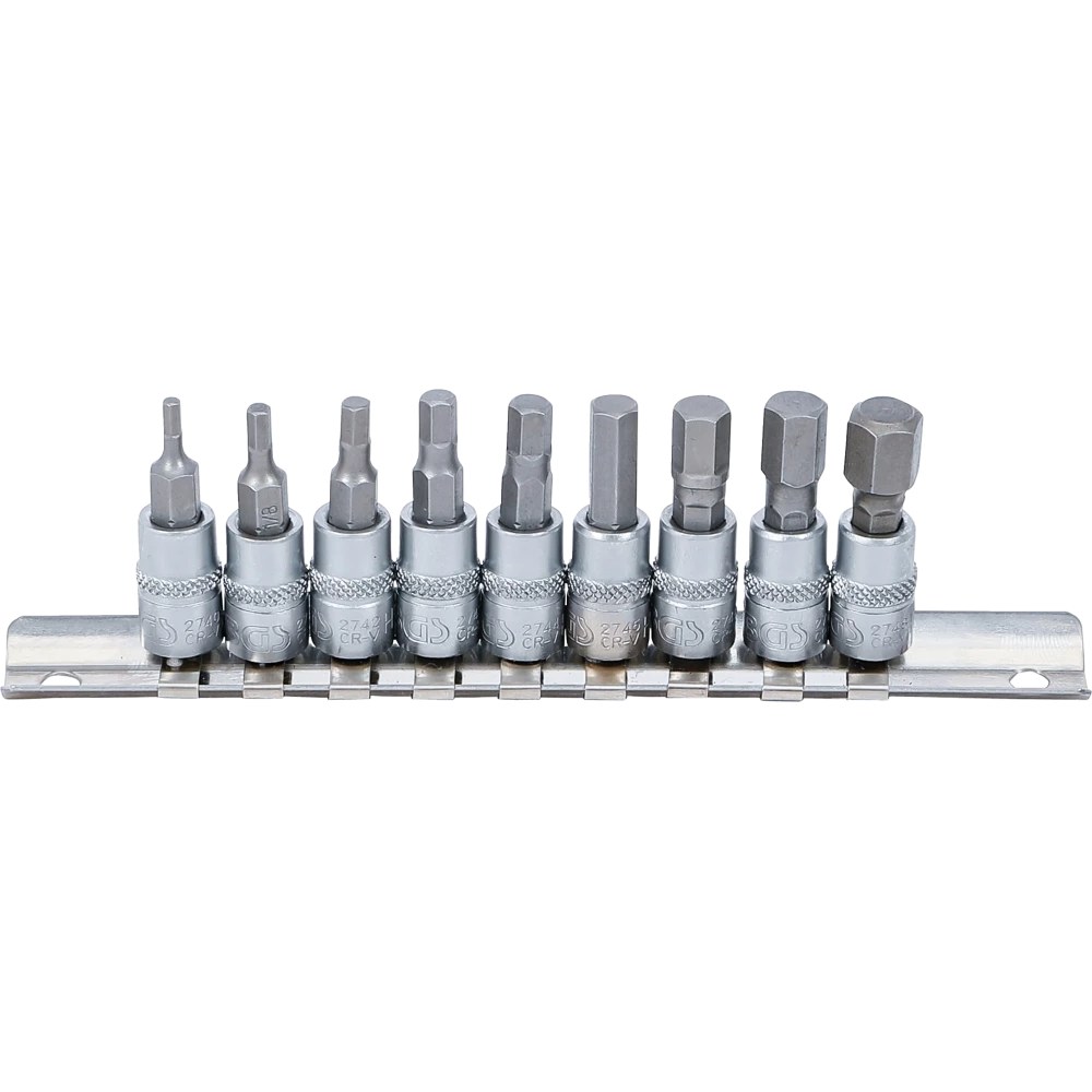 Bit-Einsatz-Satz, Antriebe Innenvierkant 6,3 mm (1/4"), Innensechskant 3/32" - 3/8", Zollgrößen, 9-tlg.