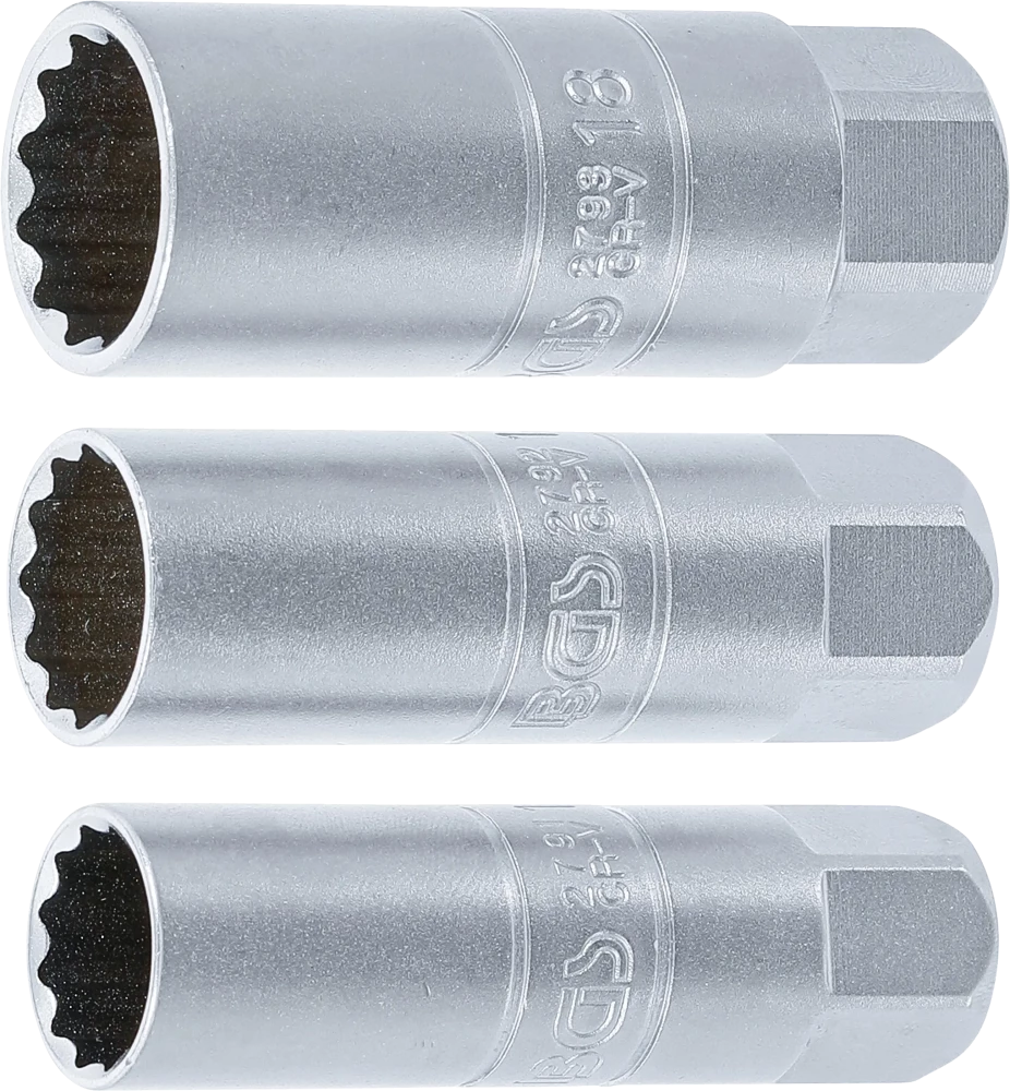 Zündkerzen-Einsatz-Satz Zwölfkant, Antrieb Innenvierkant 10 mm (3/8"), SW 14 - 16 - 18 mm, 3-tlg.