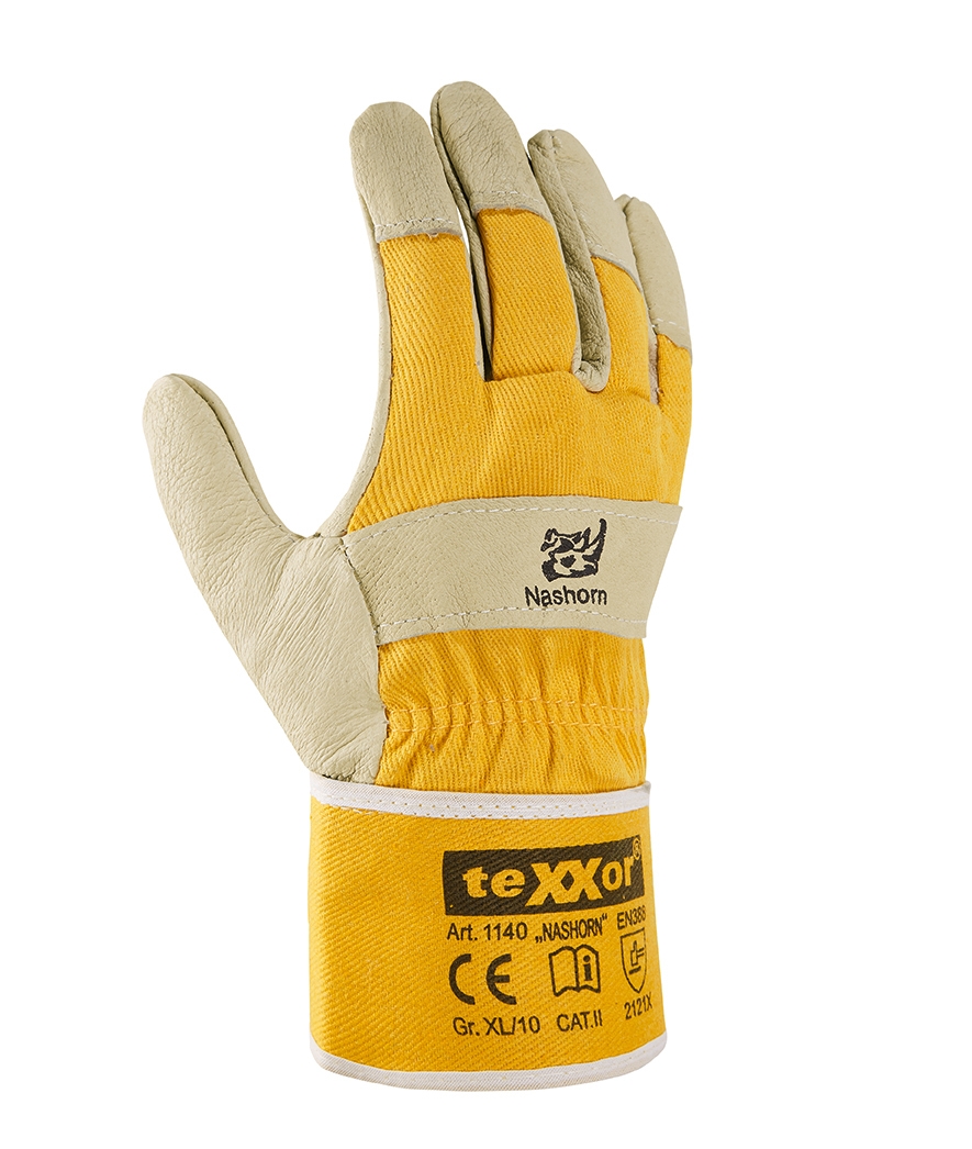 teXXor® Schweinsvollleder-Handschuhe NASHORN Leder natur, Drell gelb