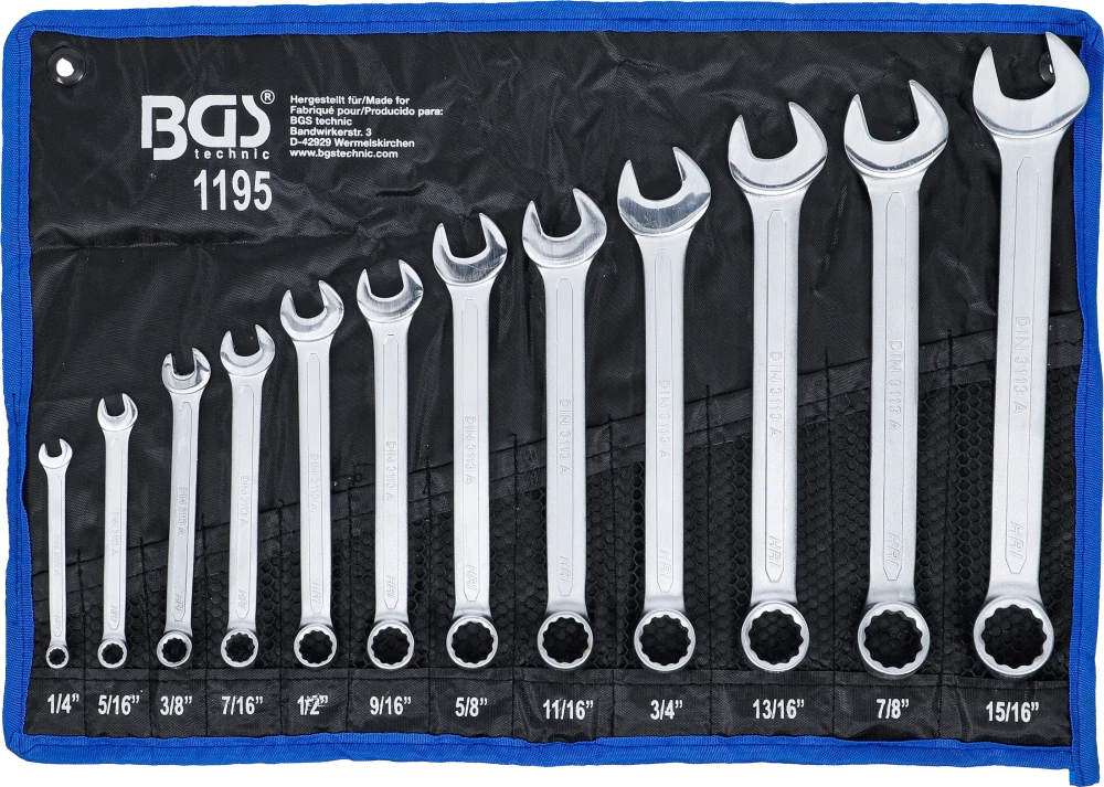 Maul-Ringschlüssel-Satz, Zollgrößen, SW 1/4" - 15/16", 12-tlg.