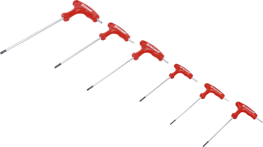 Schraubendreher-Satz mit T-Griff und seitlicher Klinge, T-Profil (für Torx) mit Bohrung T10 - T40, 6-tlg.