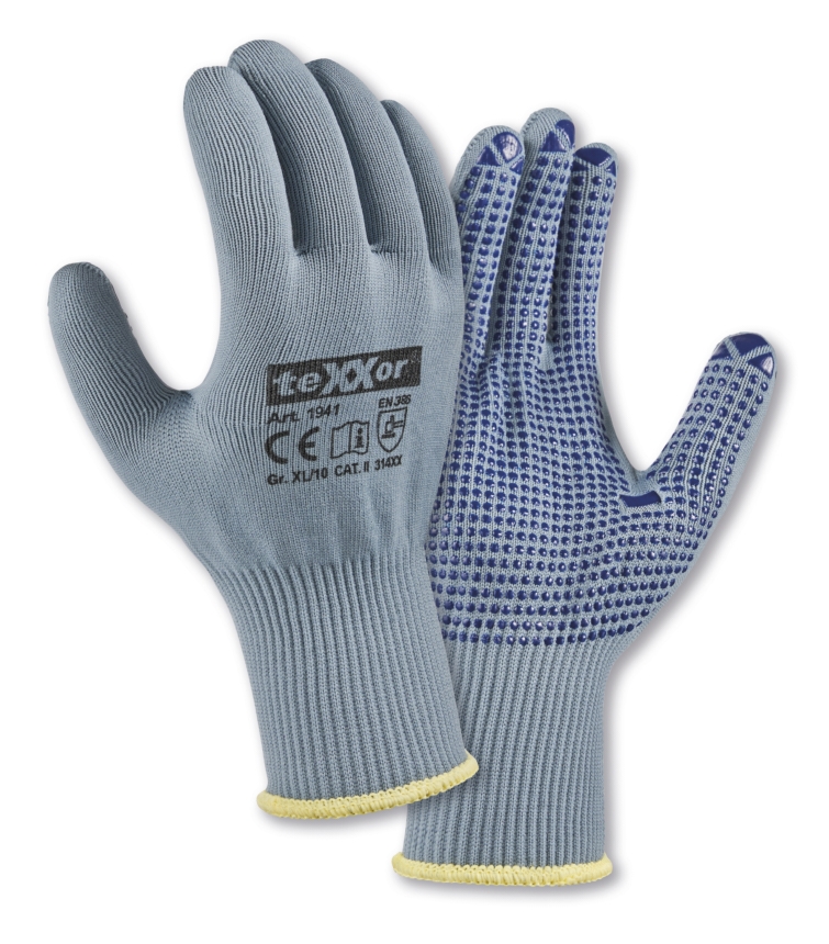 teXXor® Feinstrick-Handschuhe NYLON grau/blaue Noppen