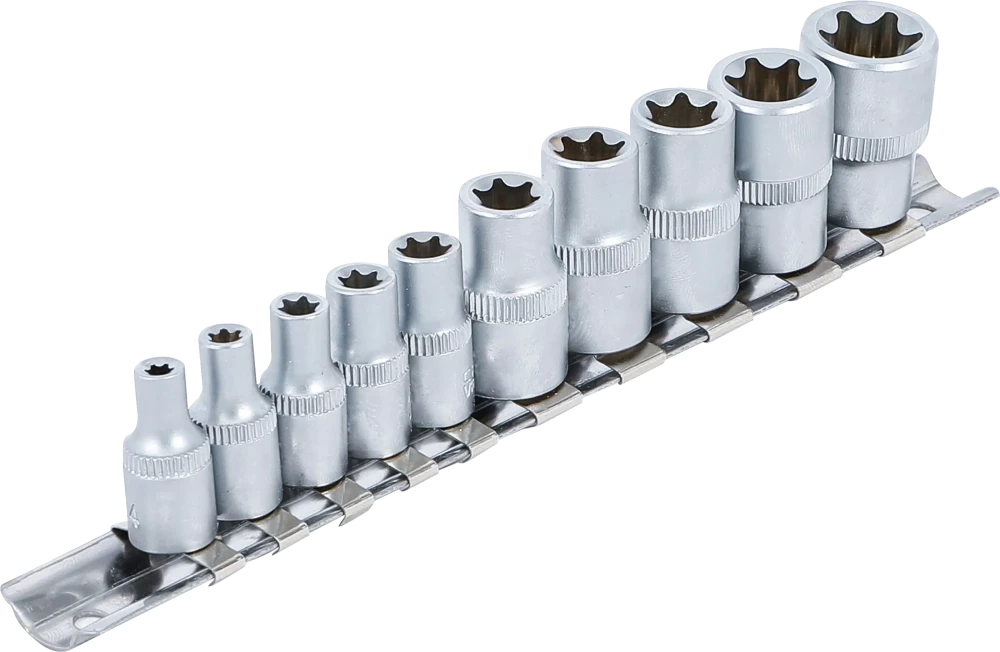 Steckschlüssel-Einsatz-Satz E-Profil, Antrieb Innenvierkant 6,3 mm (1/4") / 10 mm (3/8"), SW E4 - E16, 10-tlg.