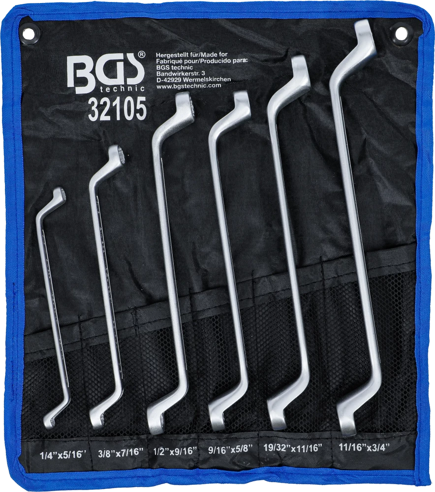 Doppel-Ringschlüssel-Satz, tief gekröpft, Zollgrößen, SW 1/4" - 3/4", 6-tlg.