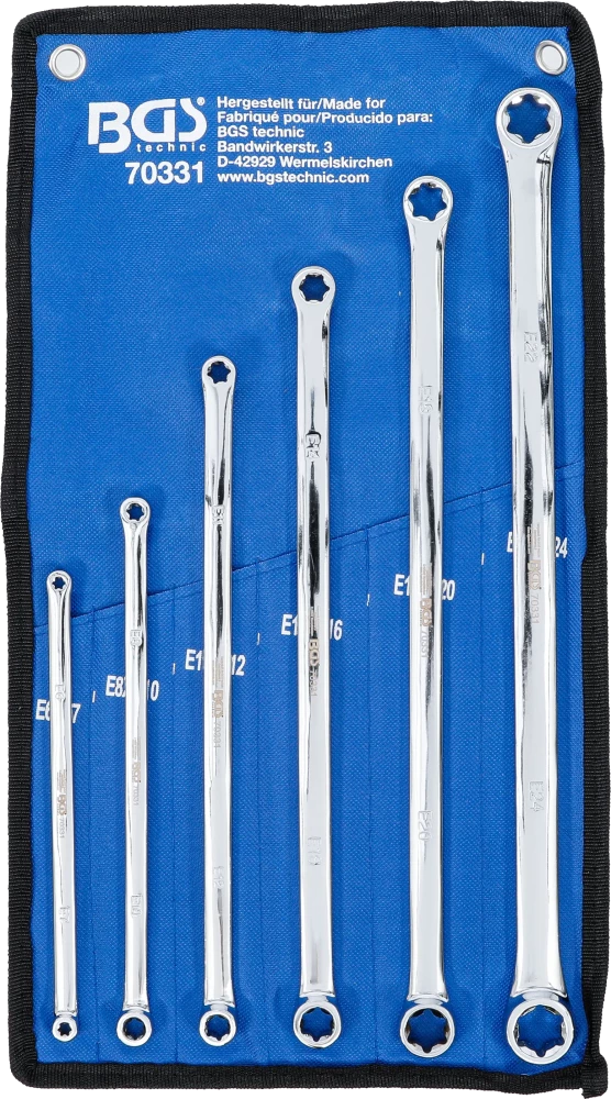 Doppel-Ringschlüssel-Satz mit E-Profil-Ringköpfen, extra lang, SW E6 x E7 - E22 x E24, 6-tlg.
