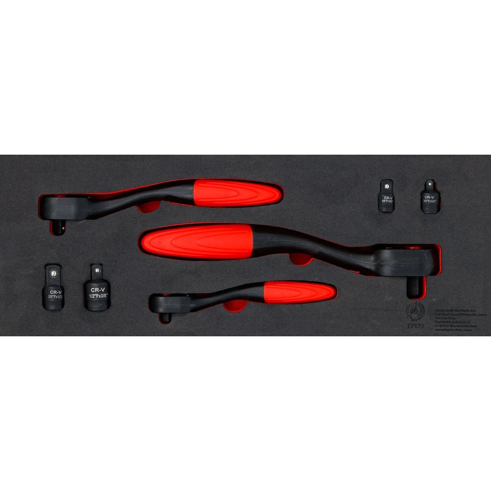 Umschaltknarren- und Adapter-Satz, feinverzahnt, Abtrieb Außenvierkant 6,3 mm (1/4") - 10 mm (3/8") - 12,5 mm (1/2"), 7-tlg.