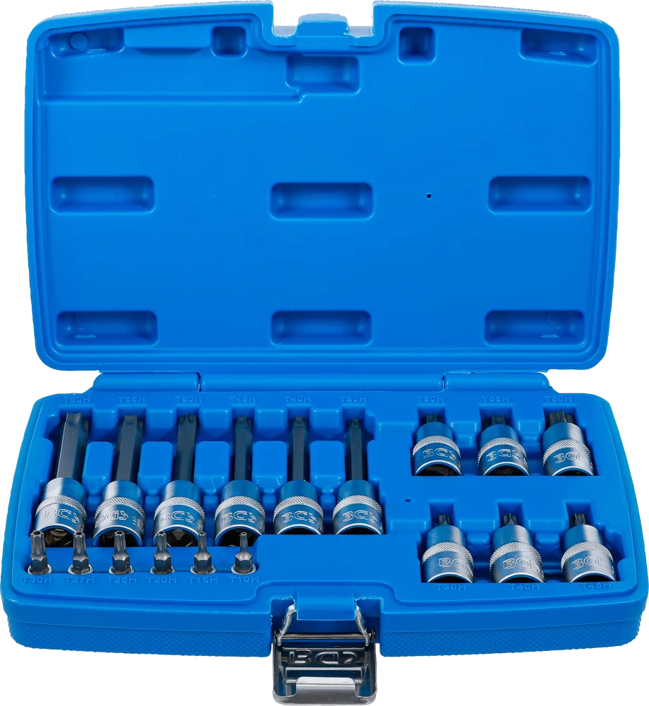 Bit-Einsatz-Satz, Antrieb Innenvierkant 6,3 mm (1/4") / 12,5 mm (1/2"), T-Profil (für Torx) mit Bohrung, 18-tlg.