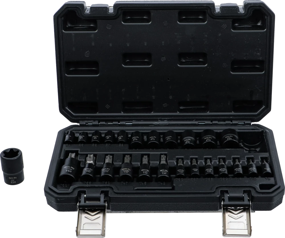 Bit-Einsatz-/Steckschlüssel-Einsatz-Satz, Antrieb Innenvierkant 6,3 mm (1/4"), 10 mm (3/8"), 12,5 mm (1/2"), E-Profil / T-Profil (für Torx), 25-tlg.