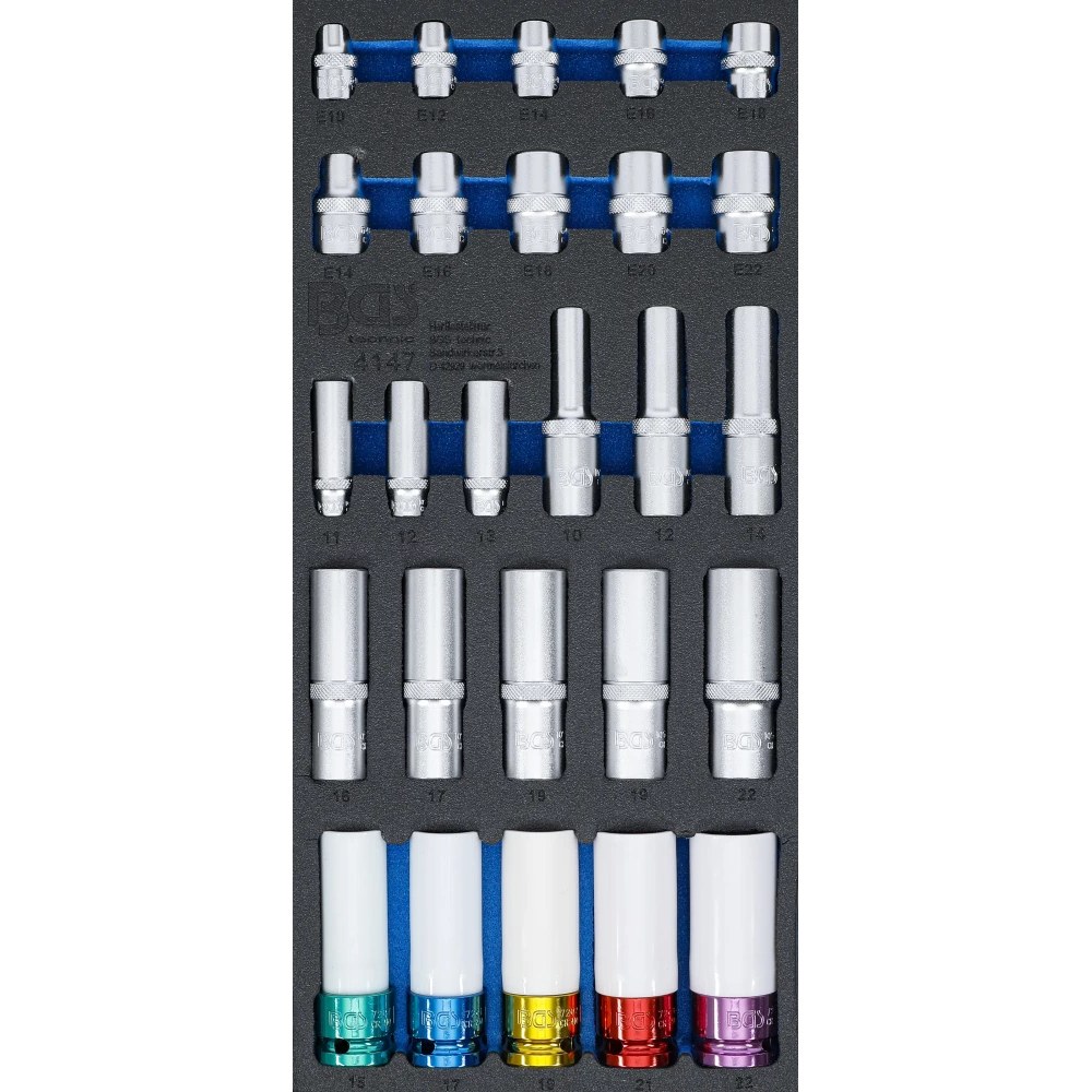 Werkstattwageneinlage 1/3: Steckschlüssel-Einsätze, Sechskant, tief 11 - 22 mm, E-Profil E10 - E22, 6,3 mm (1/4"), 10 mm (3/8"), 12,5 mm (1/2"), 26-tlg.