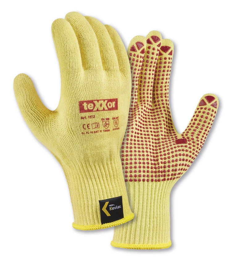 teXXor® Mittelstrick-Handschuhe ARAMID mit Noppen goldgelb/rote Noppen
